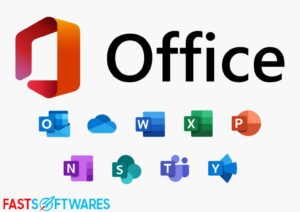 "Microsoft Office logo next to the word 'Office', with individual application icons including Word, Excel, Outlook, and more."