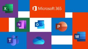 A collection of modern Microsoft 365 application logos, including those for Excel, Teams, Outlook, and Word, arranged in a grid pattern."
