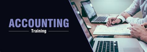 A banner-style image divided diagonally: on the left, a dark background features the bold text "ACCOUNTING Training"; on the right, a bright office scene shows two people working at a desk with laptops, pens, and financial documents.